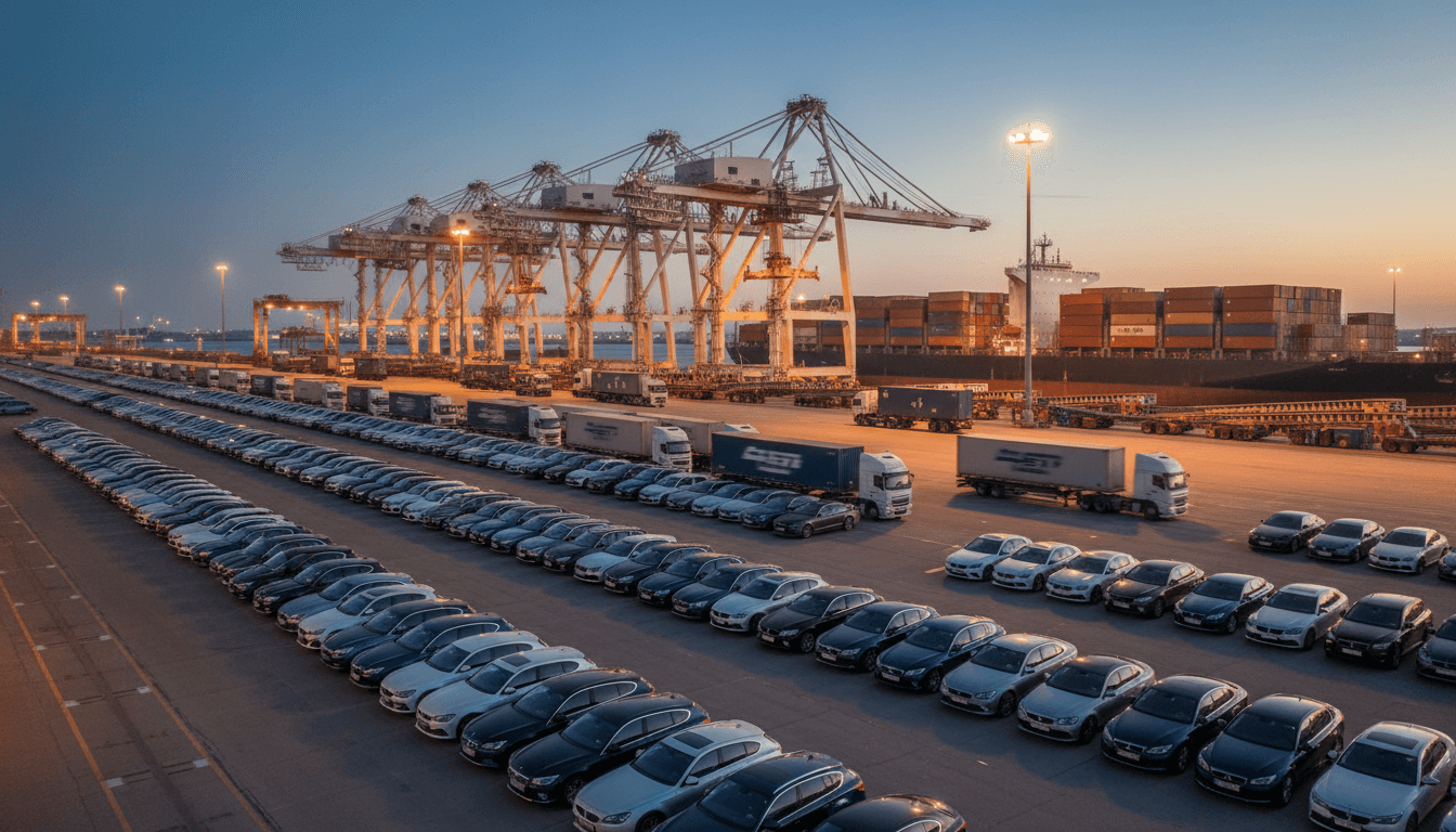 Global automotive export facility with lined-up vehicles and shipping infrastructure