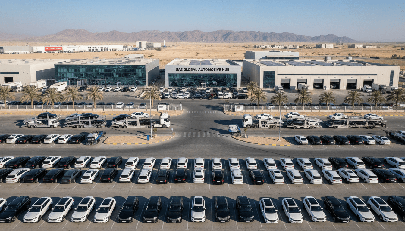 UAE automotive facility with luxury vehicles and commercial trucks