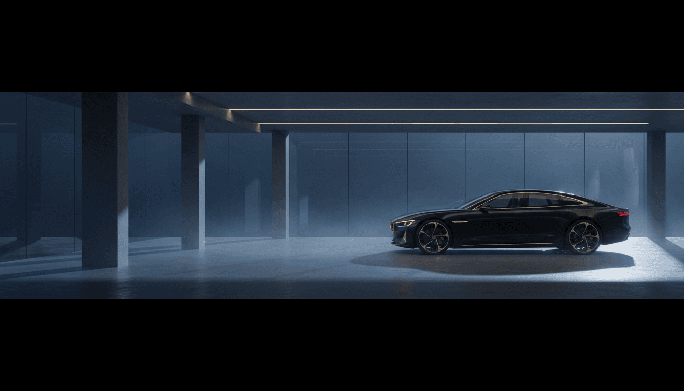 Luxury vehicle in modern showroom with shipping infrastructure visible