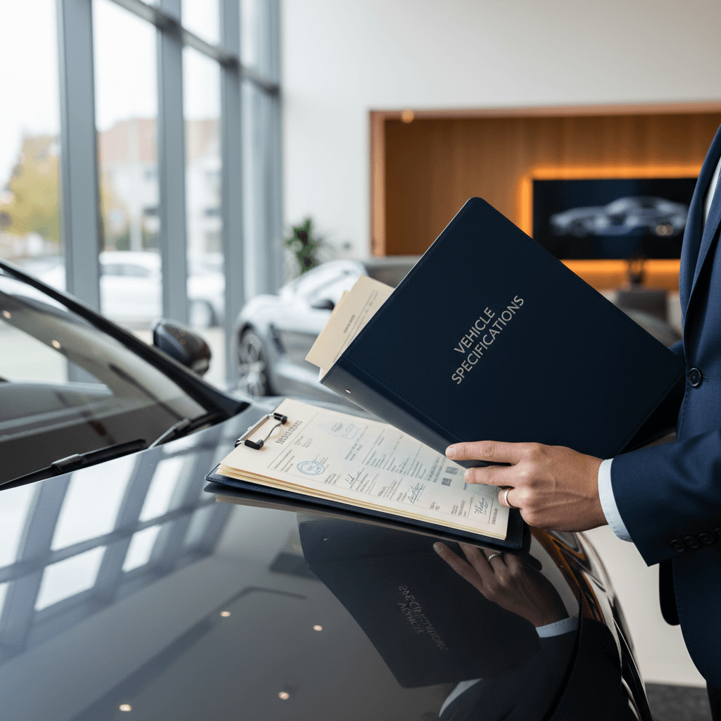 Close-up of dealership professional reviewing export documentation and logistics coordination
