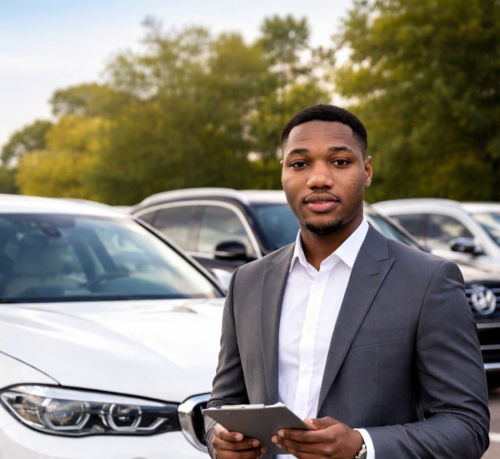 Professional Black man in a grey suit holding a clipboard at a car dealership.