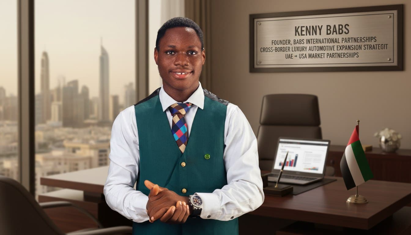 Kenny Babs in a green vest stands in a modern office with a city view.